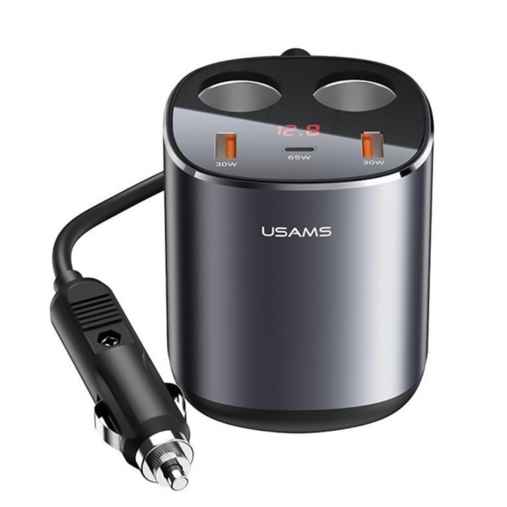 Автомобильное зарядное устройство USAMS US-CC151 2USB/1Type-C/2 прикуривателя 3A 245W LED дисплей, Black