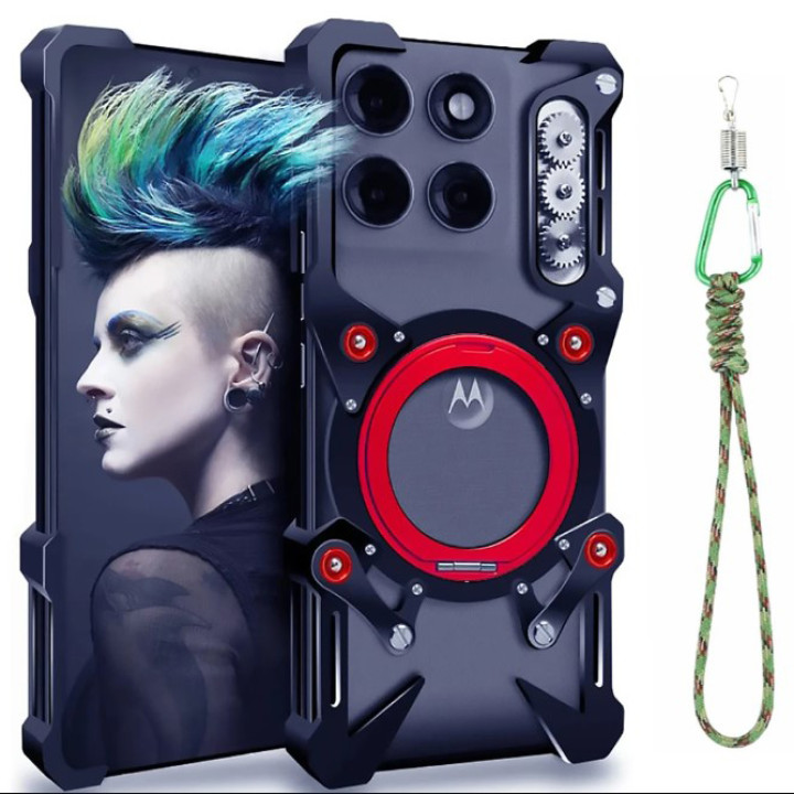 Чохол Metal Cyber Bamper для Motorola Edge 70 з кільцем та шнурком-тримачем