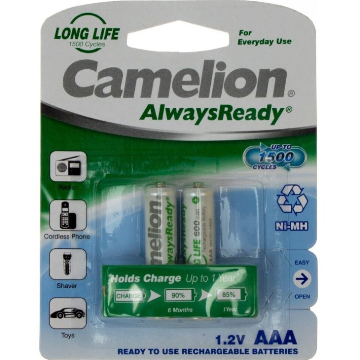 Акумуляторні батарейки Camelion Long Life Rechargeable Battery 600mAh AAA HR03 Ni-MH 2шт, White