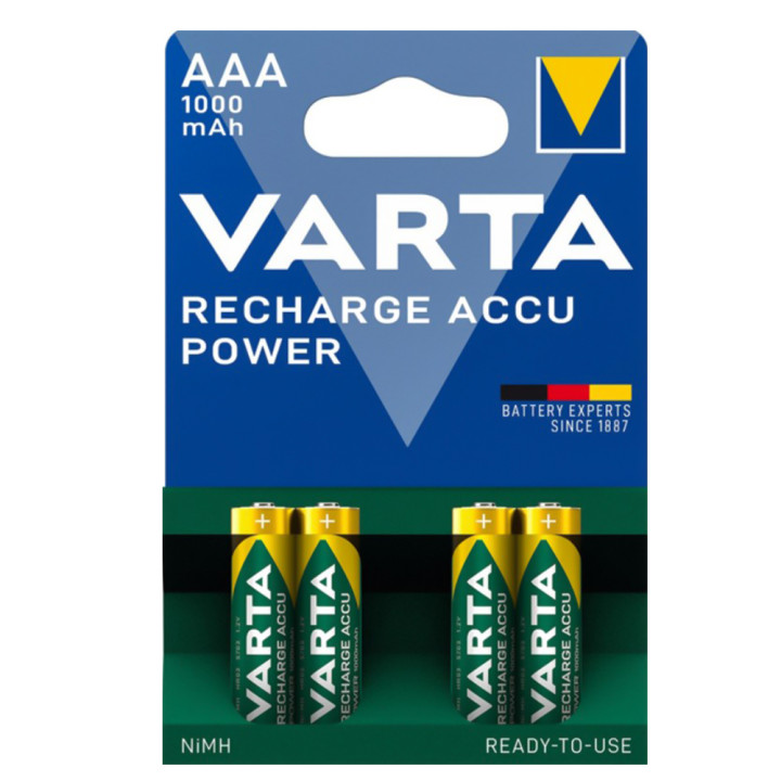 Акумуляторні батарейки Varta Recharge Accu Power 1000mAh NiMH AAA HR03 1.2V, Green / Блістер 4шт