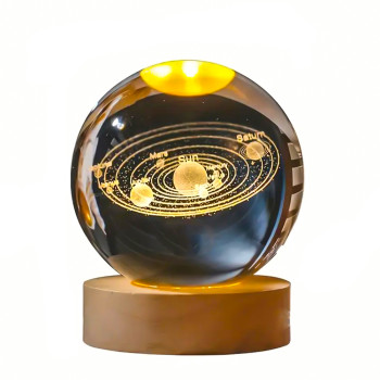 Декоративна лампа 3D-нічник Crystal Ball з дерев'яною підставкою, Сонячна система