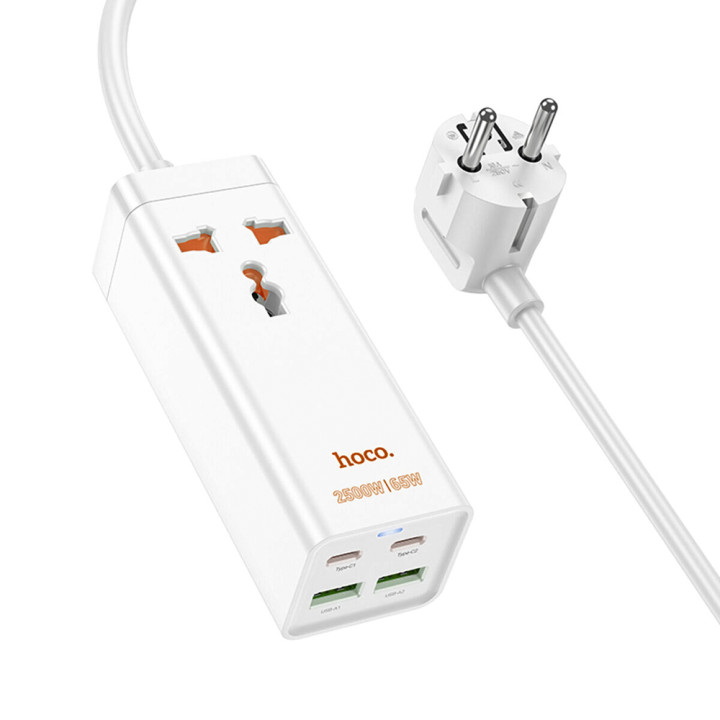 Сетевой удлинитель Hoco AC10A 2Type-C / 2USB / 1Socket QC3.0 PD65W 1.5m, White