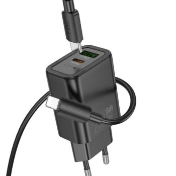 Сетевое зарядное устройство HOCO N61 PD20W + QC3.0 (1 USB / 1 Type-C) + кабель Type-C – Type-C, Black