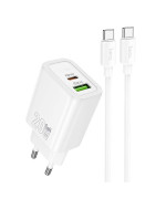 Мережевий зарядний пристрій HOCO N61 PD20W + QC3.0 (1 USB / 1 Type-C) + кабель Type-C – Type-C, White