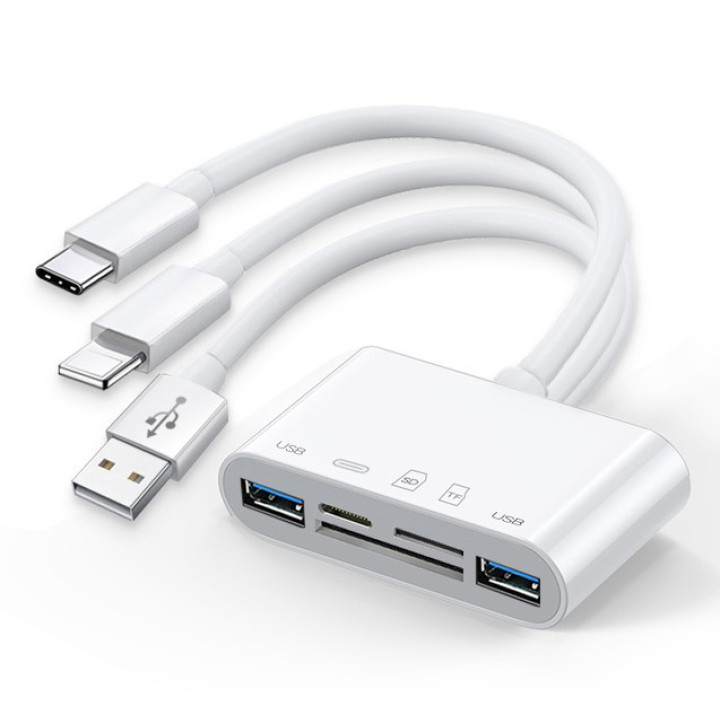 OTG адаптер перехідник картрідер Lightning / 2USB / SD / TF to USB / Lightning / Type-C, White