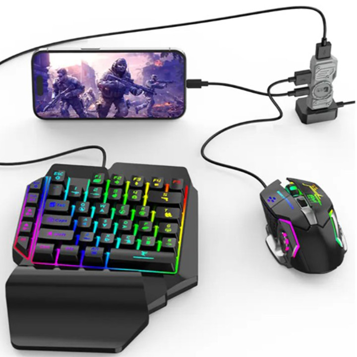Ігровий комплект 5-in-1 : клавіатура з підсвічуванням / адаптер Jiaying M9 / мишка / килимок / підставка