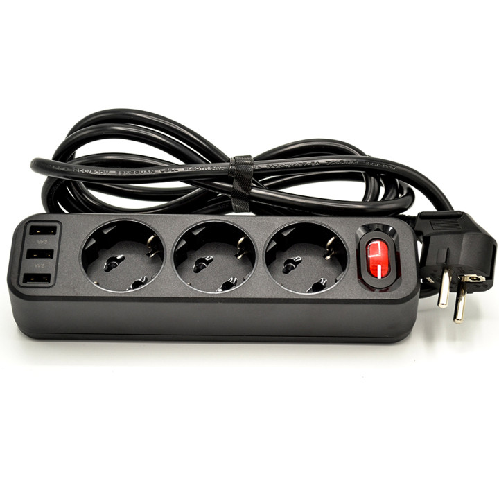 Сетевой удлинитель Hoco NS2 3USB 2.4A 3Socket EU 1.8 м, Black