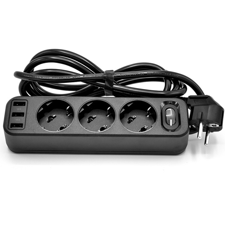 Мережевий подовжувач Hoco NS2 3USB 2.4A 3Socket EU 1.8 м, Black