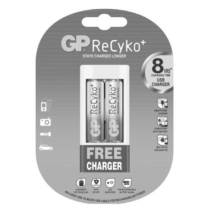 Зарядное устройство для аккумуляторов AA, AAA GP U211 ReCyko + две аккумуляторные батарейки AA 2000 mAh, White