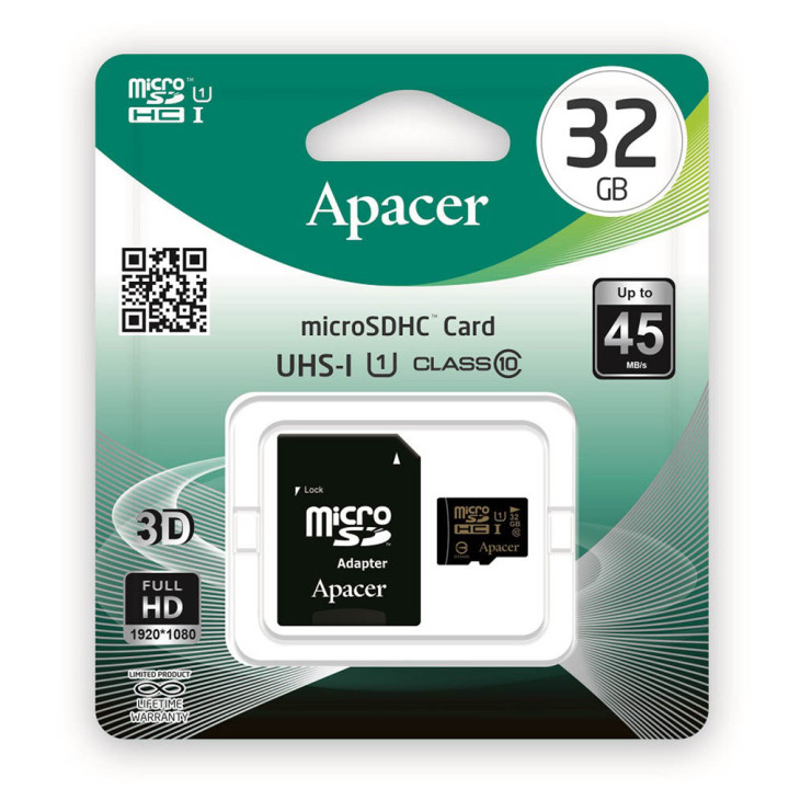 Карта пам'яті Apacer MicroSDHC 32Gb Class 10 45 MB/s + адаптер, Black