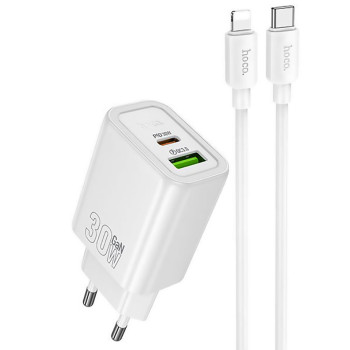 Сетевое зарядное устройство HOCO N63 Type-C PD30W / USB QC3.0 с кабелем Type-C - Lightning, White