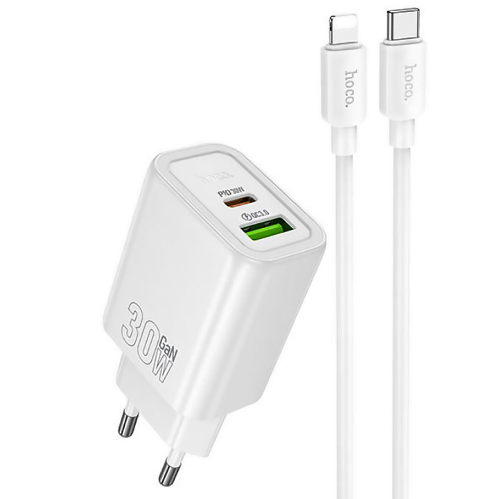 Мережевий зарядний пристрій HOCO N63 Type-C PD30W / USB QC3.0 з кабелем Type-C - Lightning , White