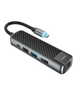 USB Hub адаптер Hoco HB23 Type-C HDTV / USB3.0 / USB2.0 / RJ45 Ethernet / Type-C PD60W, Gray