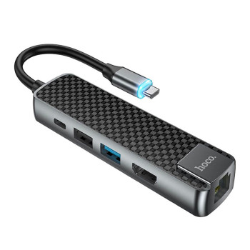 USB Hub адаптер Hoco HB23 Type-C HDTV / USB3.0 / USB2.0 / RJ45 Ethernet / Type-C PD60W, Gray