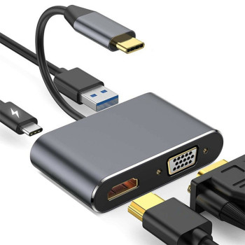 Переходник адаптер 4in1 Type-C to HDMI/VGA/Type-C PD 87W/USB 3.0, Grey
