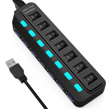 Хаб USB 3.0 с семью портами с подсветкой и выключателями, Black