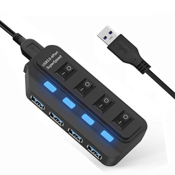 Хаб USB 3.0 с четырьмя портами с подсветкой и выключателями, Black