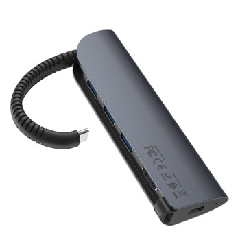 Hub адаптер Hoco HB13 Easylink Type-C 3 USB / HDMI/ PD 60W, Metal Gray
