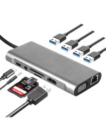 USB HUB адаптер 11 в 1 Type-C to HDTV 4К / TF / SD / Audio / Type-C / LAN 1000м / VGA 4USB 3.0, Grey