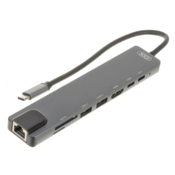 USB HUB адаптер XO-HUB003 2 USB / Type-C/  PD / HDMI 4K / SD / TF / RJ45 8 in 1, Steel