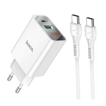 Мережевий зарядний пристрій Hoco C100A QC3.0 PD20W 3A с кабелем Type-C - Type-C, White