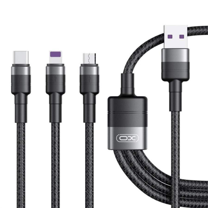 USB кабель XO NB-Q191 с функцией быстрой зарядки 2.4A 66W 3in1 Type-C / MicroUSB / Lightning 1.2m, Black
