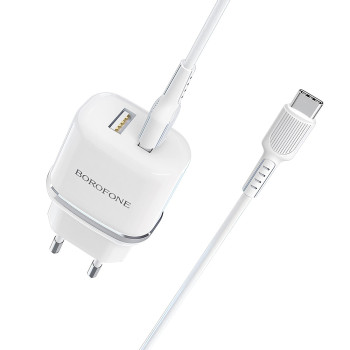 Мережевий зарядний пристрій Borofone BA25A QC3.0 з кабелем Type-C 3A 1m, White