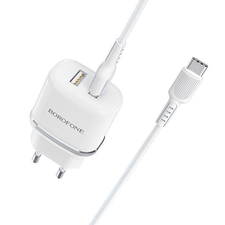 Мережевий зарядний пристрій Borofone BA25A QC3.0 з кабелем Type-C 3A 1m, White