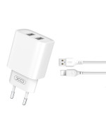 Мережевий зарядний пристрій XO CE02C 2USB 2.1A з кабелем lightning 1м, White
