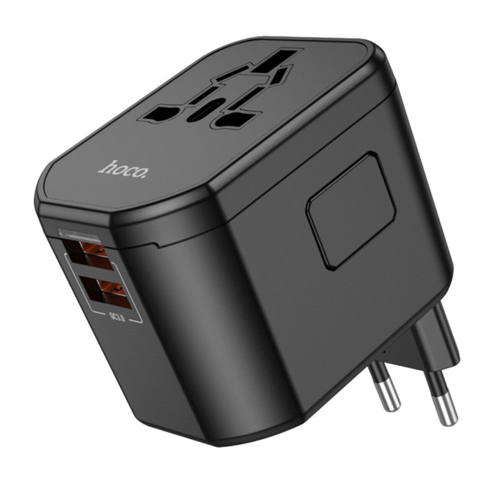 Сетевое зарядное устройство Hoco AC15 2USB 1Type-C 1Socket 20W со сменными вилками стандартов EU / UK / US / AUS, Black