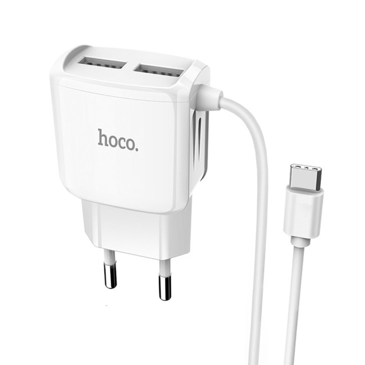 Мережевий зарядний пристрій Hoco CA39 2 USB 2.4A Type-C 1м, White