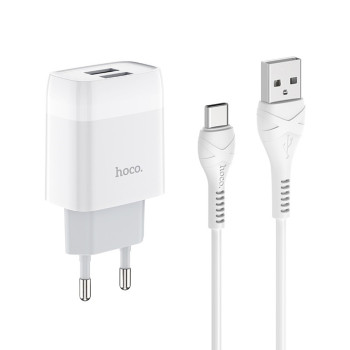Сетевое зарядное устройство Hoco C73A 2 Usb 2.4A Type-C 1m, White