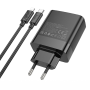 Мережевий зарядний пристрій Hoco C127A Type-C / USB QC3.0 PD45W(1C3A) з кабелем Type-C to Lightning, Black