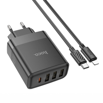 Сетевое зарядное устройство Hoco C127A Type-C / USB QC3.0 PD45W(1C3A) с кабелем Type-C to Lightning, Black