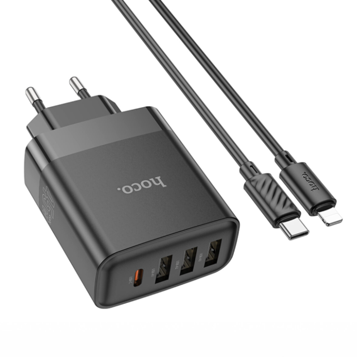 Мережевий зарядний пристрій Hoco C127A Type-C / USB QC3.0 PD45W(1C3A) з кабелем Type-C to Lightning, Black