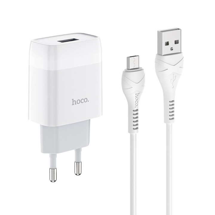 Мережевий зарядний пристрій Hoco C72A USB 2.1A microUSB 1m, White