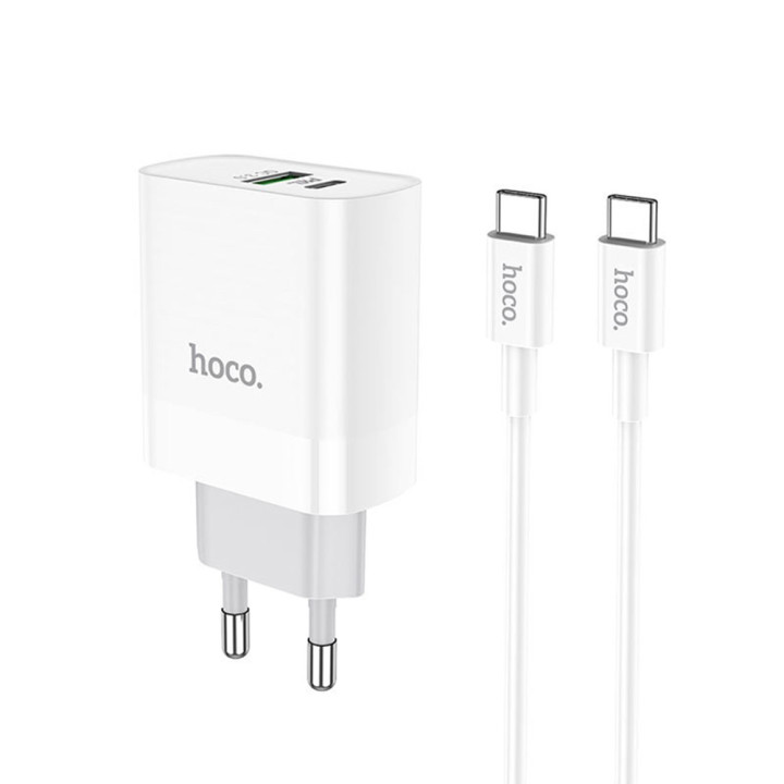 Мережевий зарядний пристрій Hoco C80A USB, 3.1A PD, QC3.0 18W Type-C-Type-C 1m, White