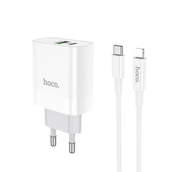 Сетевое зарядное устройство Hoco C80A USB, 3.1A PD, QC3.0 18W Type-C-Lightning 1m, White