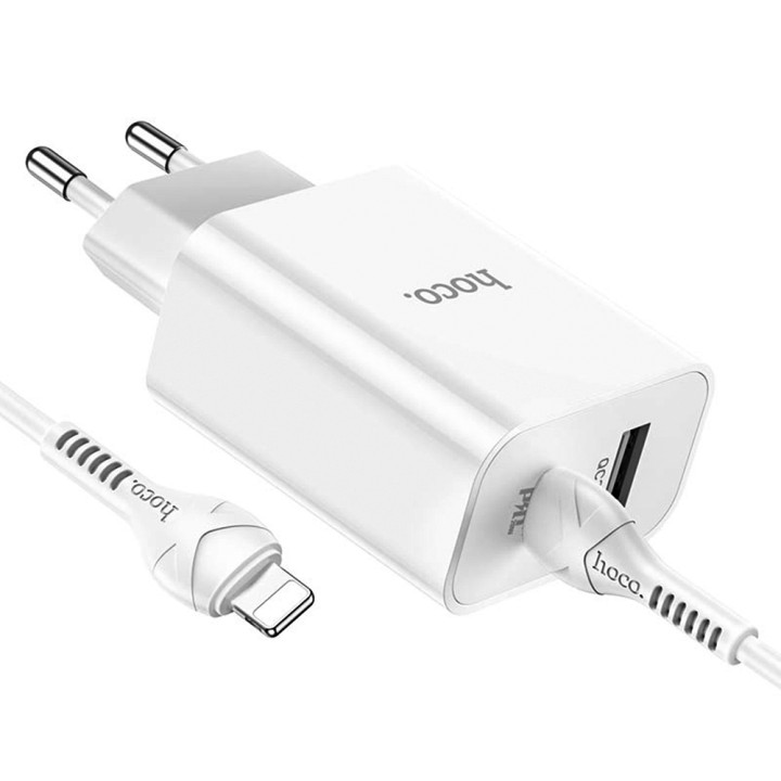 Мережевий зарядний пристрій Hoco C97A QC3.0 PD20W 3A з кабелем Type-C - Lightning, White