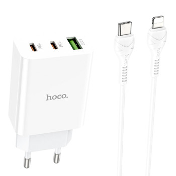 Мережевий зарядний пристрій Hoco C99A USB QC3.0 3A, Type C PD20W - Lightning, White