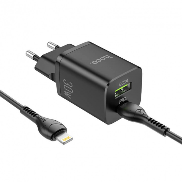 Сетевое зарядное устройство HOCO N13 USB/Type-C PD30W QC3.0 cable Type-C to Lightning 1m, Black