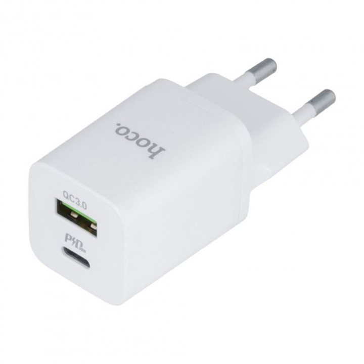 Мережевий зарядний пристрій HOCO N13 USB/Type-C PD30W QC3.0 cable Type-C to Lightning 1m,  White