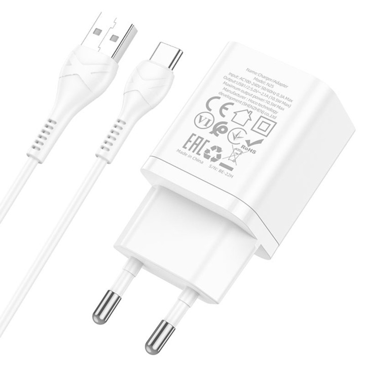 Мережевий зарядний пристрій Hoco N25 (2USB/2.1A) + USB - Type-C, White