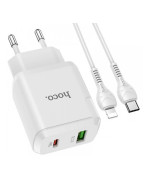 Мережевий зарядний пристрій Hoco N5 USB QC3.0 3A, Type-C PD - Lightning 1m, White