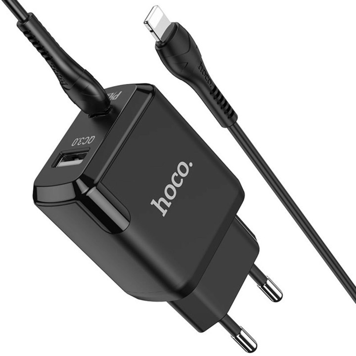 Сетевое зарядное устройство Hoco N5 USB QC3.0 3A, Type-C PD - Lightning 1m, Black