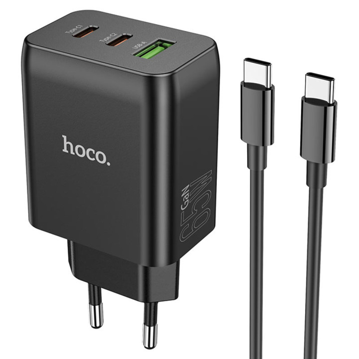 Сетевое зарядное устройство Hoco N18 Phenomenon USB QC3.0 5A 2 PD 65W, Type-C 1м, Black