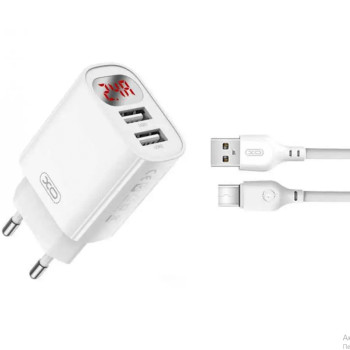 Мережевий зарядний пристрій XO L-95 2USB 2.4A з LCD дисплеем та кабелем USB - Type-C, White