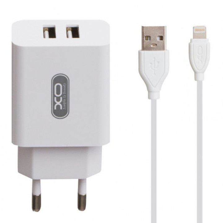 Мережевий зарядний пристрій XO L17 2 USB 2.1A lightning 1м, White