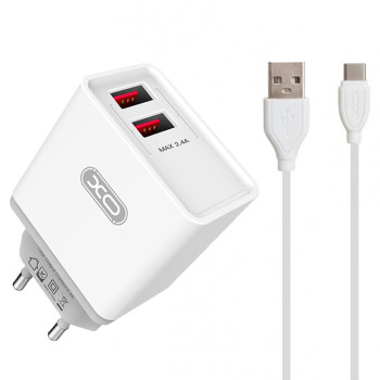Сетевое зарядное устройство XO L31 2 USB 2.4A Type-C 1м, White