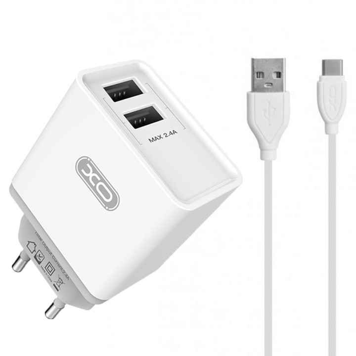 Сетевое зарядное устройство XO L31 2 USB 2.4A Type-C 1м, White